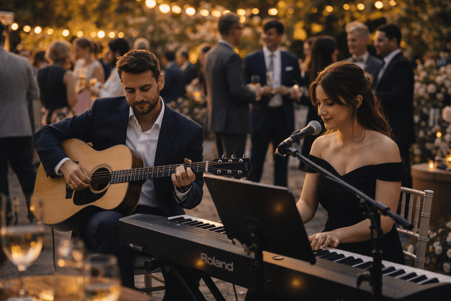 Hora del cóctel de boda de lujo con iluminación ambiental cálida en la terraza