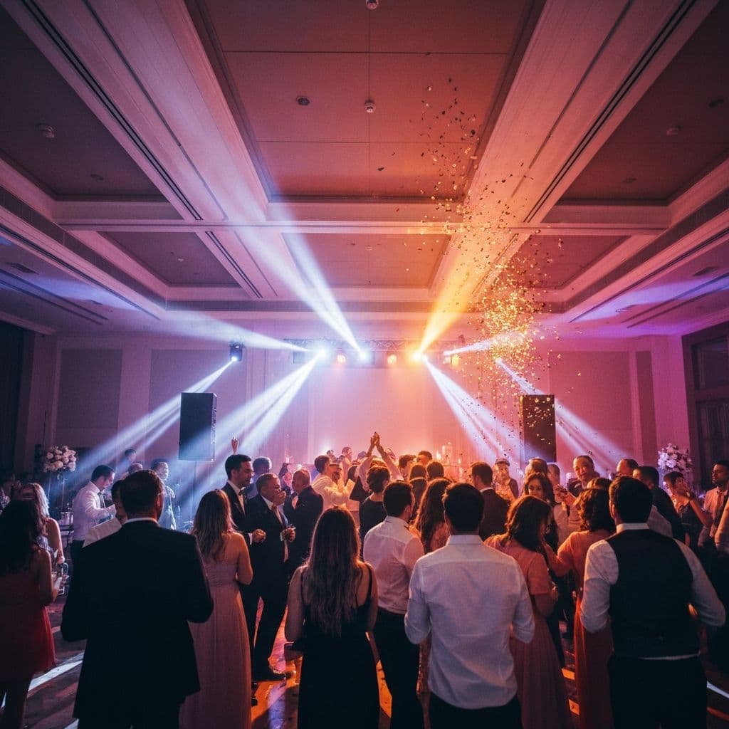 Pista de baile vibrante en recepción de boda con diseño de iluminación profesional